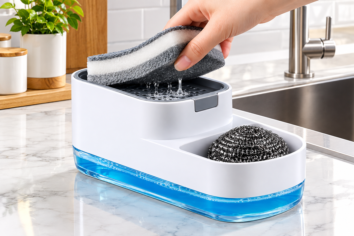 2-in-1 Kitchen Soap Dispenser with Sponge & Steel Scrubber