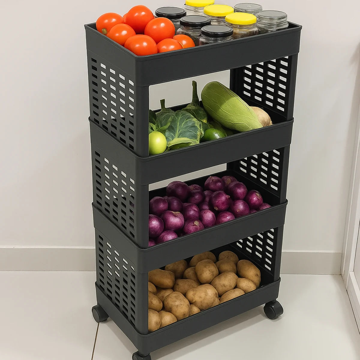4-Layer Plastic Storage Rack with Wheels – Multi-Purpose Organizer