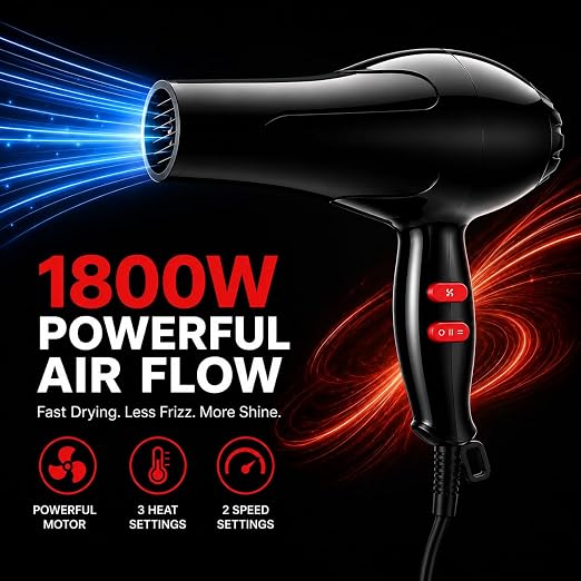 NOVA 1800W Professional Hair Dryer – Powerful Fast-Drying Hair Styling Dryer