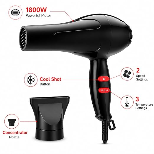 NOVA 1800W Professional Hair Dryer – Powerful Fast-Drying Hair Styling Dryer