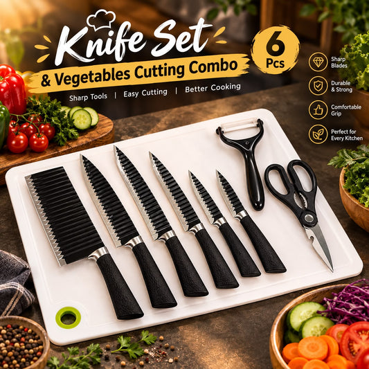 6-Piece Kitchen Knife Set with Vegetable Cutting Board – Multi-Size Knives, Scissors & Peeler