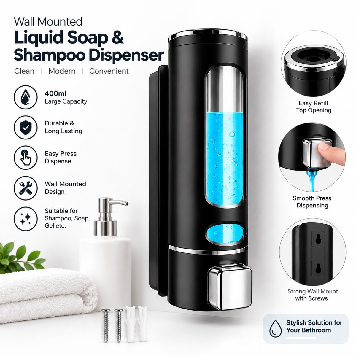 Premium Wall Mounted Liquid Soap & Shampoo Dispenser – 400ml